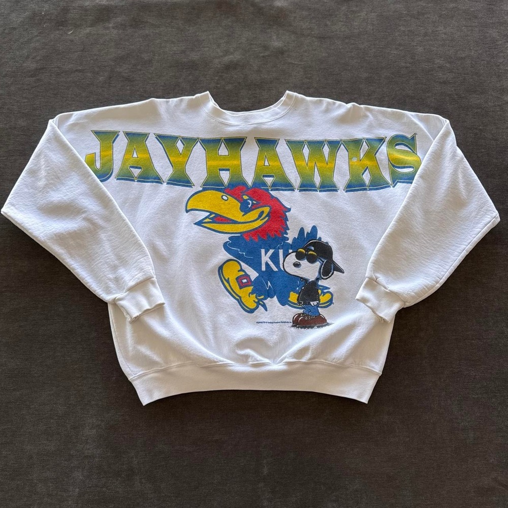 Vintage 90s Kansas Jayhawks Snoopy Sweatshirt Garment Graphics White Mens XL